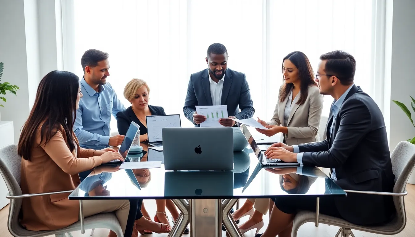 diverse team advising clients on debt solutions in a modern office.