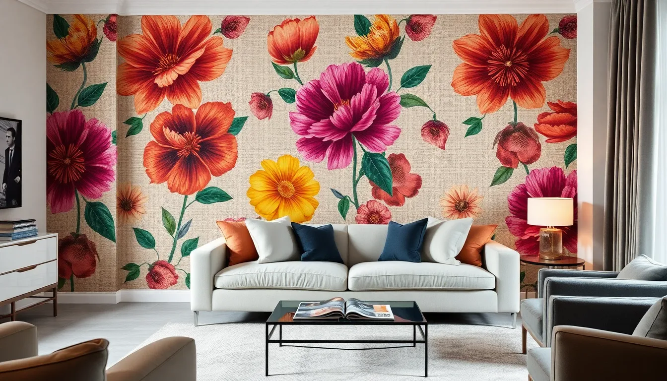 Bold floral wallpaper featured on a stylish living room wall.